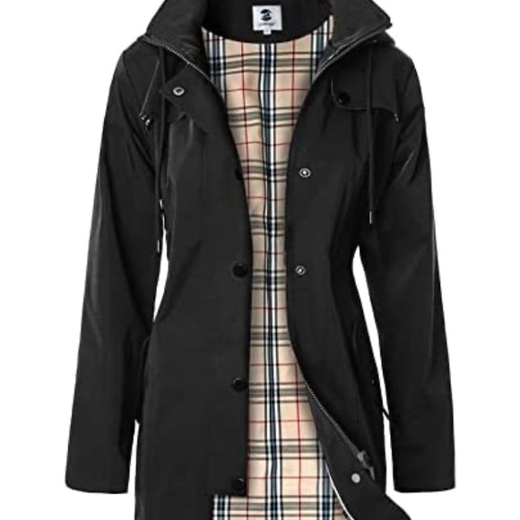 SaphiRose Jackets & Coats Womens Black Hooded Rain Jacket Plaid